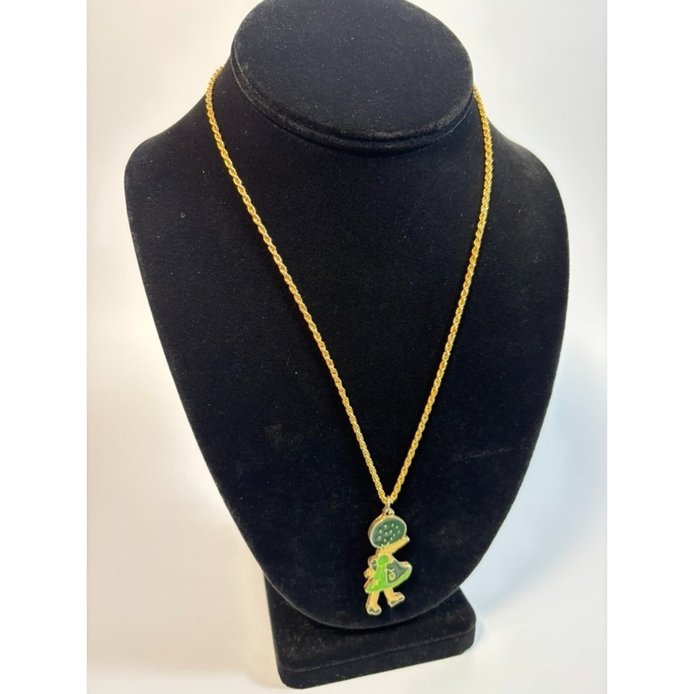 Vintage Pendant Necklace Rafaelian Bonnett Girl Green April Enamel on Gold Tone - Picture 2 of 6